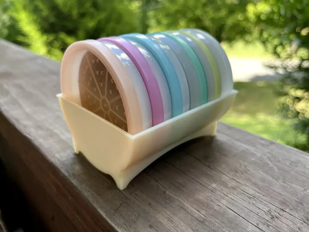 Vintage Tupperware Pastel Wagon Wheel Coasters Set with Holder Retro MCM Barware